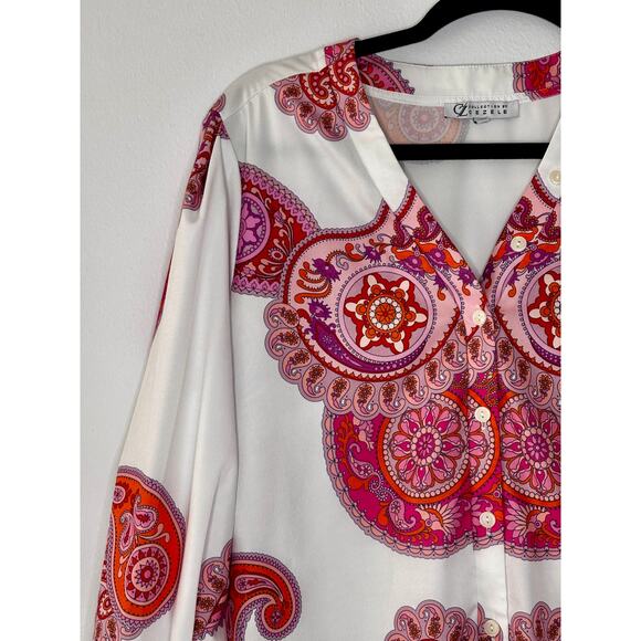 Collection by Cezele Paisley Hot Pink Orange Flowy Top Button Down Small Size S - Picture 3 of 16